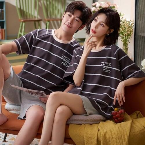 Summer Cotton Short Sleeve Stripe Couples Pajamas Sets Casual Letters Simple Plus Size Men Homewear Korean Cute Women Sleepwear