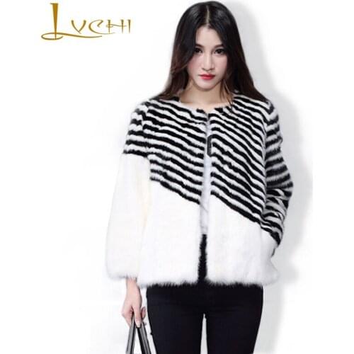 LVCHI 2019 Noble Genuine fur ink Fur coats winter thick real fur coat mink two color cross striped real fur ladies mink coats