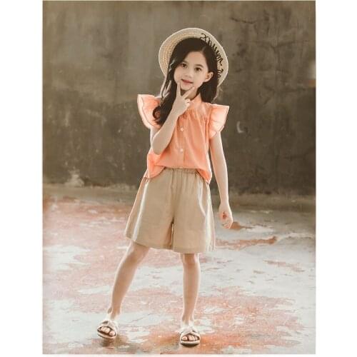 Summer cute female baby small flying sleeves round neck shorts two-piece large childrens girls outdoor leisure suit