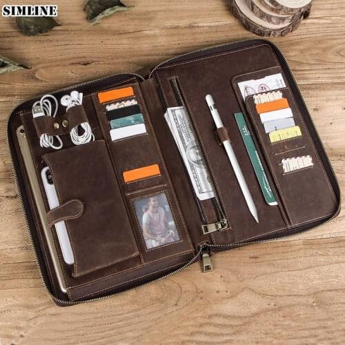 Genuine Leather Clutch Bag For Men Vintage Crazy Horse Ipad Pro 11 10.5 Protective Cover Case Bag Multi Function Business Zipper