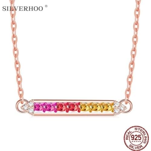 SILVERHOO Rainbow 925 Sterling Silver Necklace For Women Colorful Cubic Zirconia Strip Elegant Girl Engagement Gift Fine Jewelry