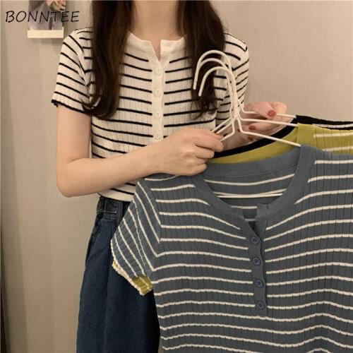 Striped T-shirts Women Summer Retro Leisure Korean Style Knitted All-match 4 Colors College Y2K Fashion Popular Tops Simple Ins
