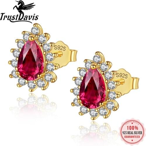 TrustDavis Real 925 Sterling Silver Red Zircon Water Drop 14K Gold Plated Stud Earrings Women Exquisite Fine Jewelry Gift L122