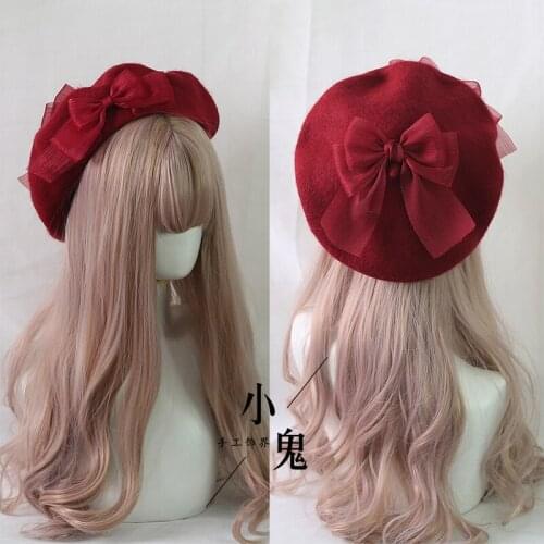 Kawaii Japanese Beret Hat Lolita Teenage heart Sweet Woolen Handmade Cute Lace Bowknot Warm Autumn Winter Painter Hat Headdress