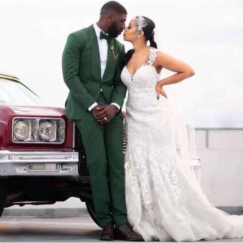 Dark Green Wedding Tuxedos One Button Two Pieces Slim Fit Groomsmens Suit Shawl Lapel Man Wears 2021