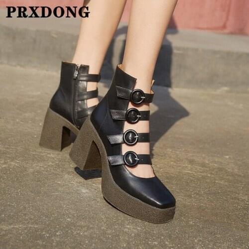 New Genuine Leather Shoes Women Summer Ankle Boots Thick High Heels Platform Black Brown Dress Party Casual Shoes Pumps 34-39