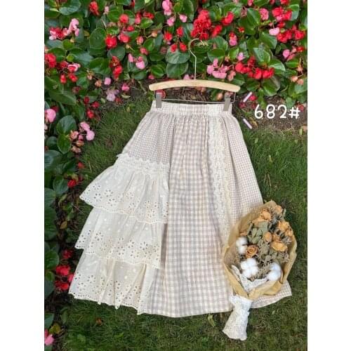 Mori Girl Japan Style Cotton linen Plaid Skirt Elastic Waist Lace Patchwork irregular A-line Women Skirt