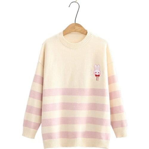 Women Sweaters Harakuju Cartoon Rabbit Embroidey Knittd Pullover 2020 Autumn Winter Long Sleeve O-neck Cute Jumpers Sueter Mujer