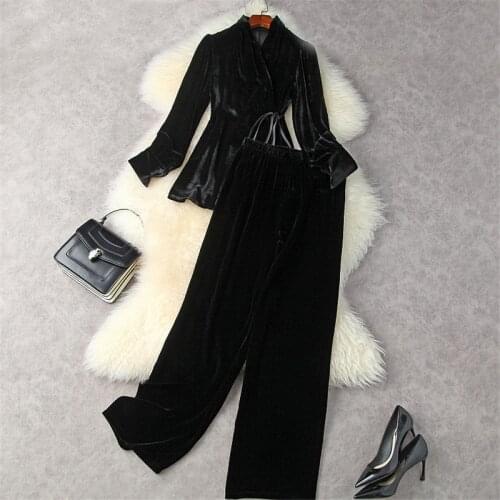 New 2021 Autumn Winter Women 2 Piece Set Velvet Trousers Suits Designers Sashes Velour Kimono Tops and Pants Office Lady Outfits