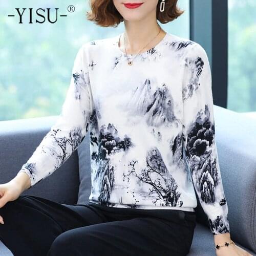 YISU Knitted Sweater Women Spring Autumn O-neck Long Sleeve Loose Jumper Pullover Tops landscape painting Printed Sweaters Women