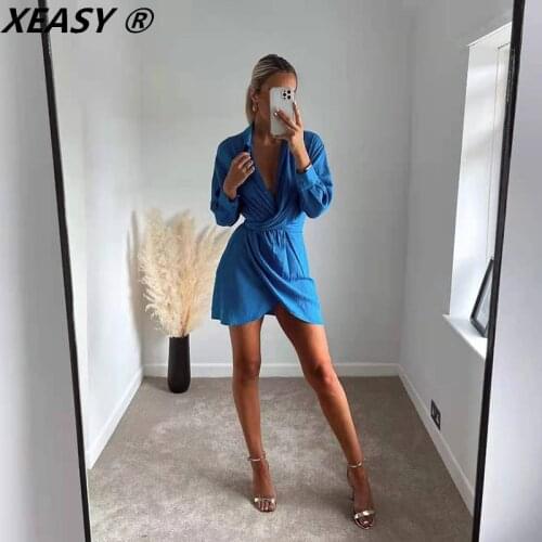 XEASY 2021 Women Fashion Ruched With Belt Short Dress Vintage Female Chic Irregular Elegant Mini Dresses Vestidos Mujer
