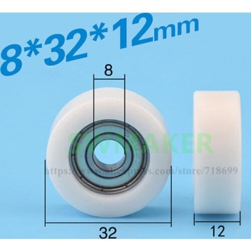 8*32*12mm embedded 608zz bearing, wrapped rubber, POM/ nylon bearing pulley, flat roller