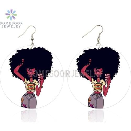 SOMESOOR Black Afro Girl Rock Painting Wooden Drop Earrings African Natural Hair Design Big Round Loops Jewelry For Women Gifts