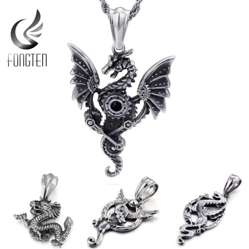 Fongten Retro Zodiac Dragon Pendant Necklace Big Wings Gear Stainless Steel Vintage Necklace Fashion Jewelry For Men