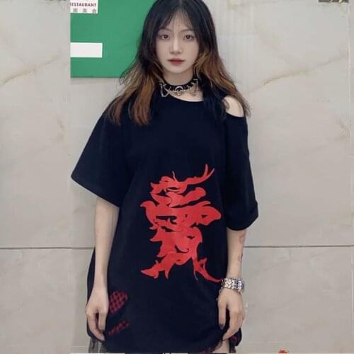 Summer Hollow Out Girl O Neck Abstract Dragon Print Short Sleeve T-shirt Black Gothic Lady Character Harajuku T Shirt Streetwear