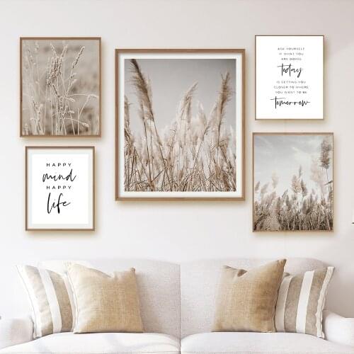 Pampas Grass Canvas Print Painting Minimalist Picture Happy Mind Happy Life Quote Farmhouse Poster Nordic Bedroom Home Decoratio