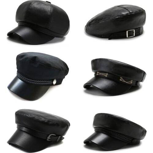 Newsboy Cap women PU Eight Panel Hat Womens Baker girl Caps Retro Big Large Hats female Black Beret
