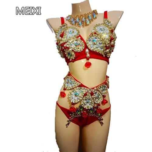 Red super sexy bikini flash diamond suit bar party concert singer dancer costume