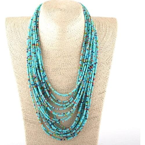 Fashion Bohemian Tribal Jewelry Blue Acrylic Beads Layered Multi Strand Necklaces