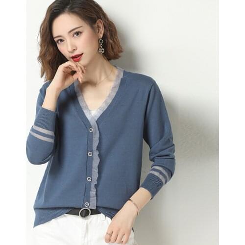 Fashion Women Cardigan Sweater Spring Knitted Long Sleeve Female Sweaters Coat Casual Single Breasted Lace Patchwork Ladies Tops