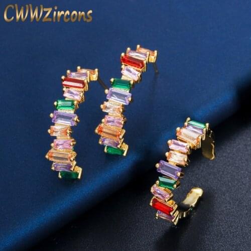 CWWZircons Delicate Colorful Rainbow Baguette Bar Cubic Zirconia Stud Earrings and Cuff Ring Sets for Women Fashion Jewelry T350
