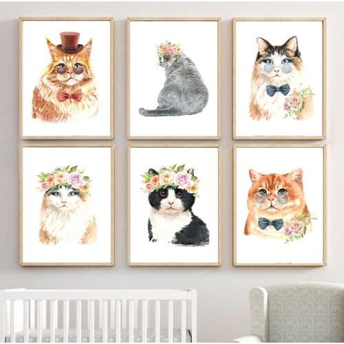 Wall Art Canvas Painting Glasses Flower Hat Cute Cat Kitty Nordic Posters And Prints Wall Pictures For Living Room Kids Room