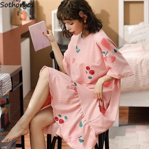 Short Sleeve Nightgowns Women Lovely Printed Students Loose Trendy Cozy Large Size Sleepshirts M-3XL New-arrival Lounge Leisure