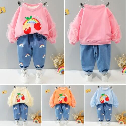 2Pcs Baby Girls Autumn Sets Rainbow Lace Long Sleeve Cartoon Bear Sweatshirts + Jeans Casual Suits Childrens Clothing Sets