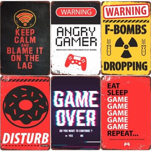 Warning Angry Gamer Vintage Tin Sign Gaming Repeat Poster Club Home Bedroom Decor Eat Sleep Game Funny Wall Stickers Plaque N379