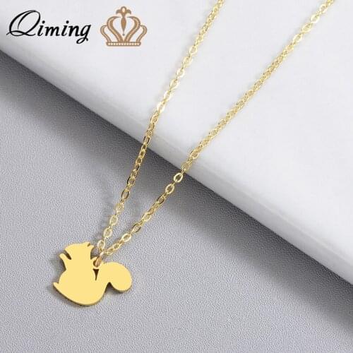 QIMING Gold Tiny Squirrel Necklace Chipmunk Stainless Steel Everyday Jewelry Woodland Animals Lover Cute Baby Animal Necklace