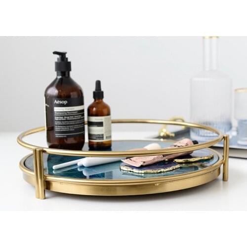 Nordic light luxury gold-plated glass storage tray display plate sample room decoration plate tea set chassis blue agate