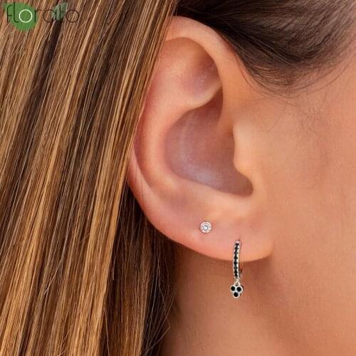 Black Crystal Pendant 925 Sterling Silver Huggie Hoop Earrings Dangle Hoops Crystal Thin Charms Loops Circle Earrings Jewelry