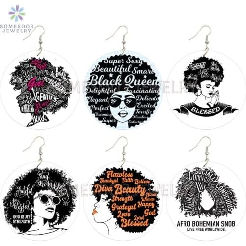 SOMESOOR Blessed Black Queen Afro Curvy Girl Wooden Drop Earrings God Strength Bohemian Snob Print African Women Dangle Jewelry