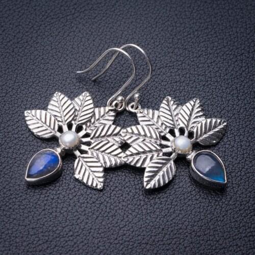 StarGems Natural Blue Fire Labradorite And River Pearl Leaf Handmade 925 Sterling Silver Earrings 2" E0776