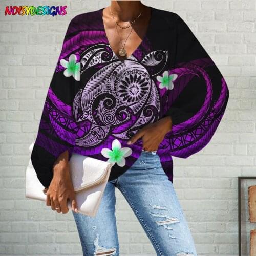 NOISYDESIGNS Large Size Women Blouse Polynesian Plumeria Turtle Printed Casual Loose Long Sleeve Sexy Shirts Vogue V-neck Blusas