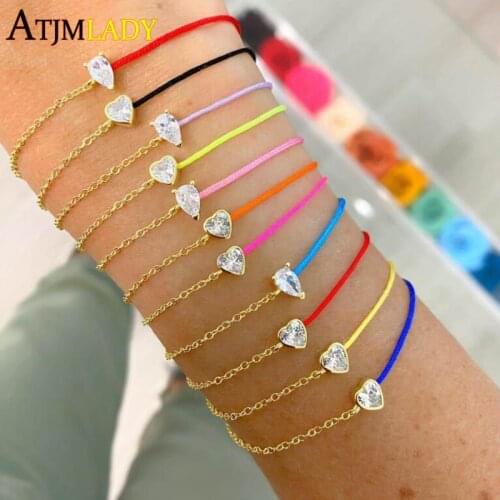 100% 925 Sterling Silver Bracelets For Women Red Yellow Colorful String Half Rope Paved Round Heart CZ Hand Chain Fine Jewelry