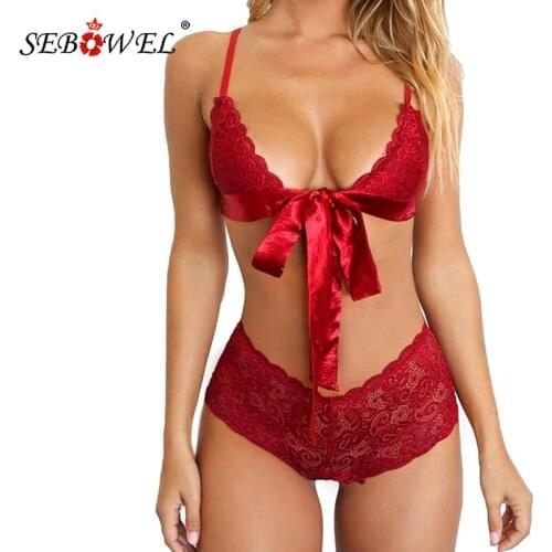 SEBOWEL Sexy Lacing Red Women Floral Lace Lingerie Set Hollow Out Bralette Lady Bra Top and Thong Female Lace Lenceria Underwear