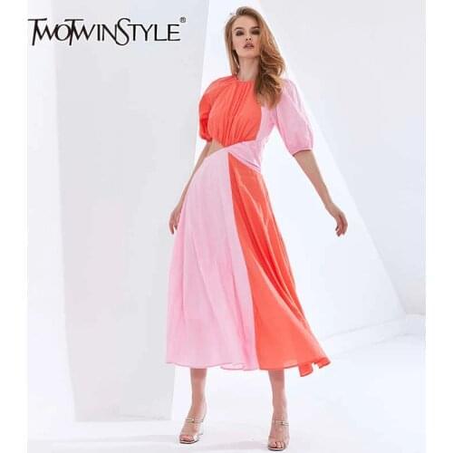 TWOTWINSTYLE Patchwork Hit Color Asymmetrical Summer Dress For Female Puff Sleeve High Waist Hollow Out Dresses Women 2021 New
