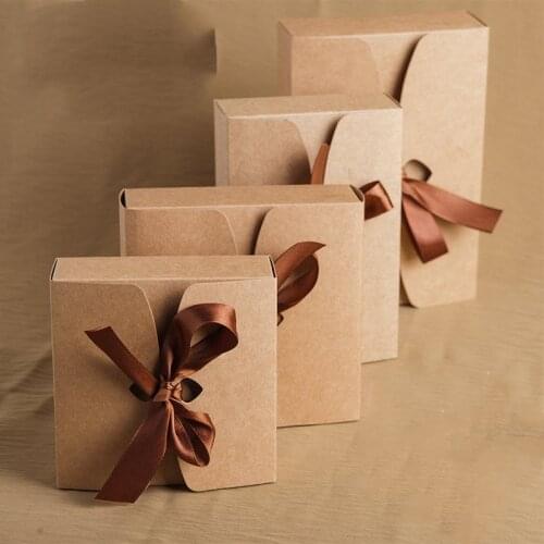 10pcs Ribbon Gift Box Square Poket with Cover Lid Thick Kraft Decor Red Blue Cake Package Box Kraft Paper Folding Birthday Bag