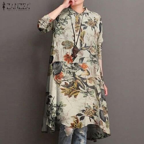 2021 ZANZEA Womens Printed Blouses Kaftan Autumn Shirt Vestidos Casual Long Sleeve Long Tops Female Floral Tunic Plus Size 5XL