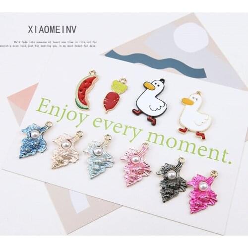 6pcs 2020 Korean Fashion Alloy Cute Ducklings Watermelon Pearl Conch Pendant Earrings For Women Girls Diy Jewelry Accessories