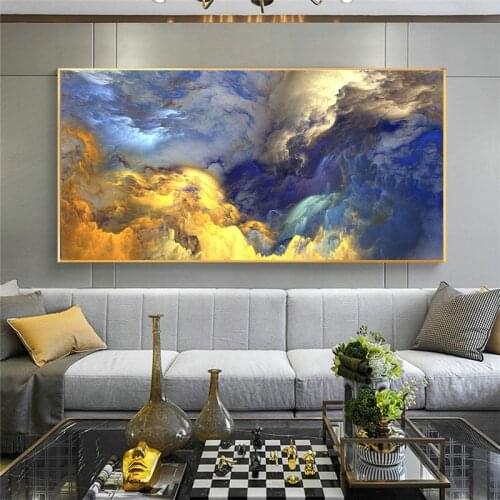 Abstract Golden and Blue Cloud Mist Nordic Wall Art Canvas Posters and Prints Modern Art Fantasy Picture for Living Room Decor