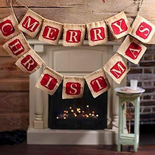 FenKicyen Jute Burlap Merry Christmas Banners Xmas Bunting Flags Hanging Garlands Christmas Party Decoration Navidad Banners New