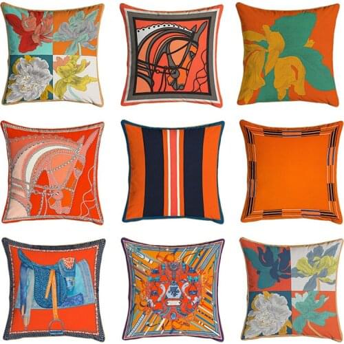 Velvet Fabric Luxury Duplex Full Printing Orange Home Sofa Cushion Cover Pillowcase Without Core Car Seat Living Room Bedroom