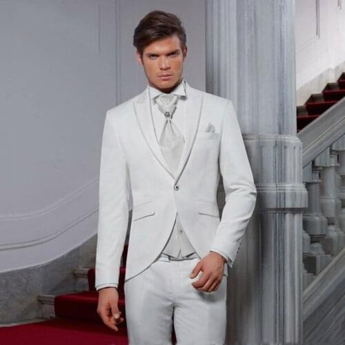 White Wedding Men Suits Groom Wear Tuxedos Slim Fit 2 Pieces (Jacket+Pants) Peaked Lapel Prom Best Man Blazer Costume Homme