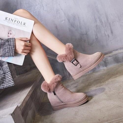 Rabbit fur plus velvet warm cotton shoes Increase within Snow boots female short tube womens shoes flat bottom O6-84