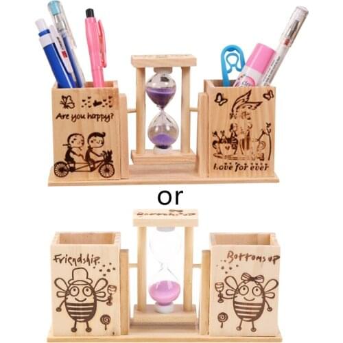 C90C Retro Wooden Desk Pen Holder Wooden Hourglass Stationery Holder Retro Wooden Display Case Exquiiste Decorative Ornemants