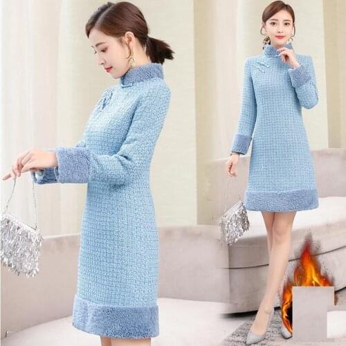 Chinese style long sleeve elegant thickened warm modified vintage dress with cotton cheongsam in autumn winter cotton padded