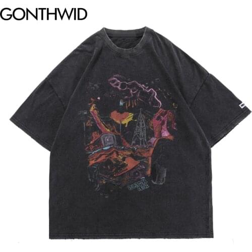 GONTHWID Oversized T-Shirts Hip Hop Distressed Graffiti Punk Rock Gothic Tee Shirts Streetwear Harajuku Hipster Short Sleeve Top