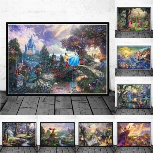 Disney Canvas Painting Thomas Kinkade Classic Oil Paintings Mickey Mouse Princess Lion King Wall Art Pictures for Living Room
